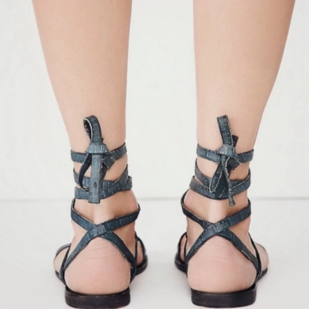 Free People Oliveira Black Leather Ankle Wrap Sandals